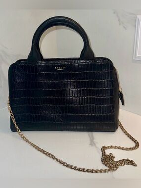 RADLEY LONDON Croc-Embossed Black Satchel Bag with Gold Chain